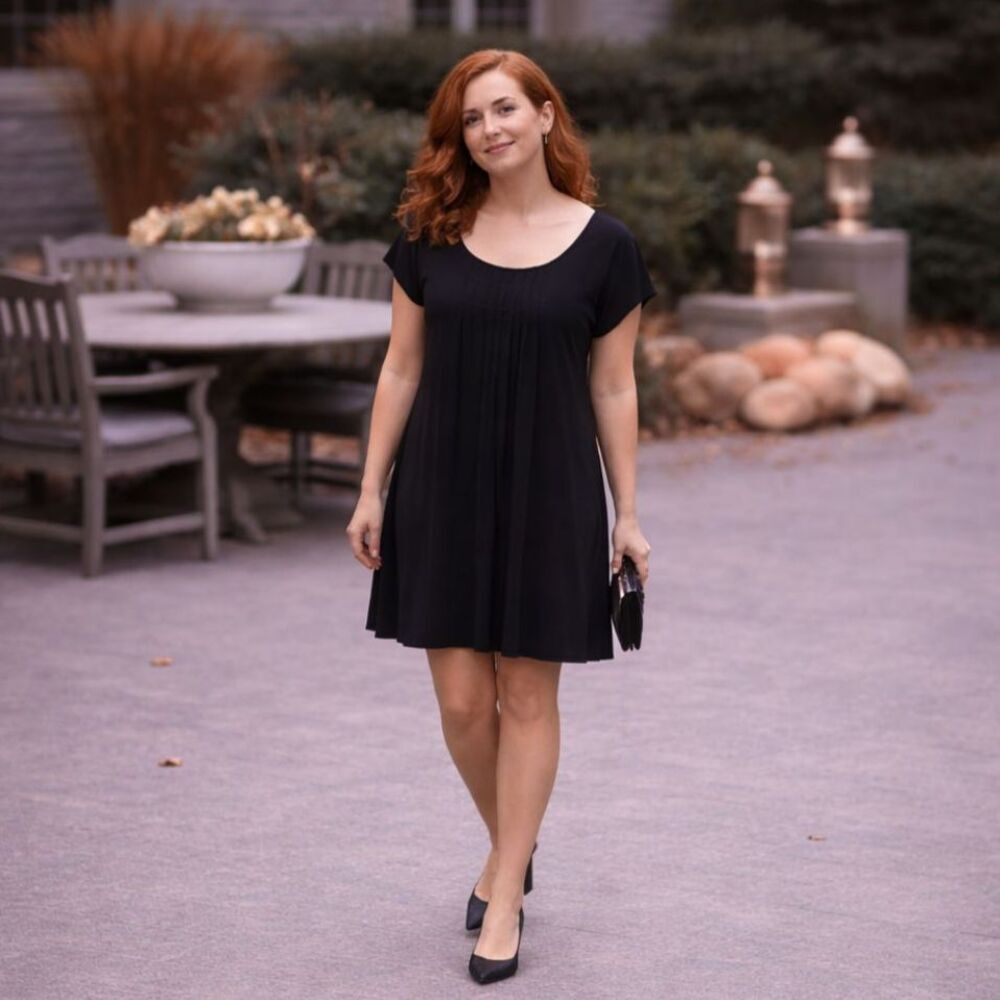 Eileen Fisher Black Silk Scoop Neck Mini Dress Size M Short Sleeve Chic LBD